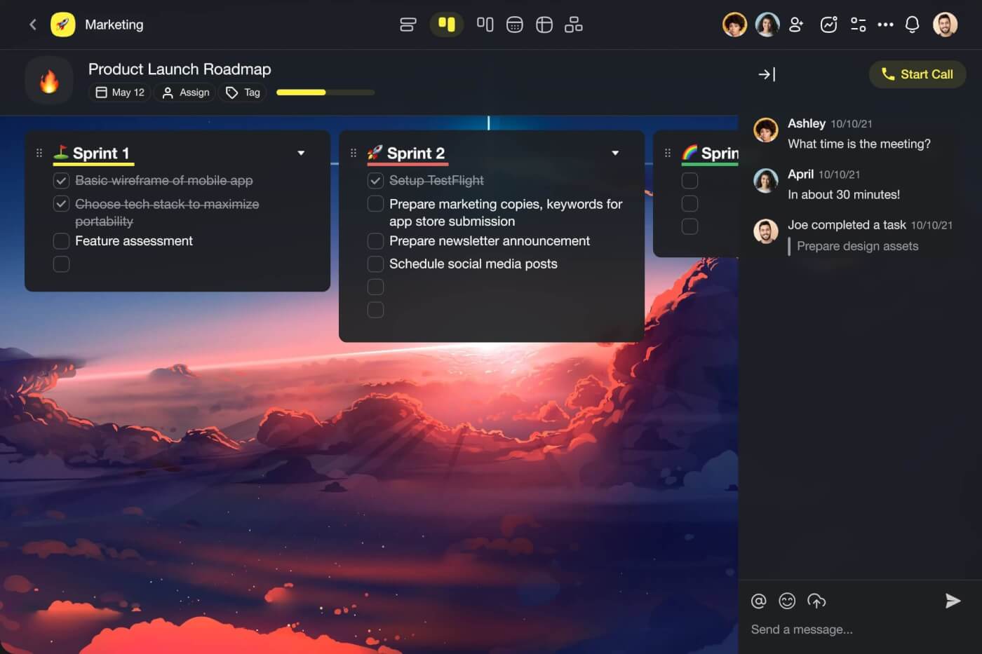 Taskade project with chat and video features visible on the right.
